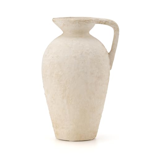 LUKA Rustic Farmhouse Terracotta Vase, 9.25 inch with Handle, Neutral Tall Clay Vase for Living Room, Table, Shelf Decor (Off-White) - color: Off-white, size: 9 inch (H)
