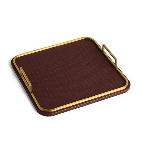 Preston Lane Mayfair Decorative Tray – Vegan Leather with Woven Texture, Brushed Brass Handles – Serving, Dresser & Coffee Table Tray, Espresso - color: Espresso