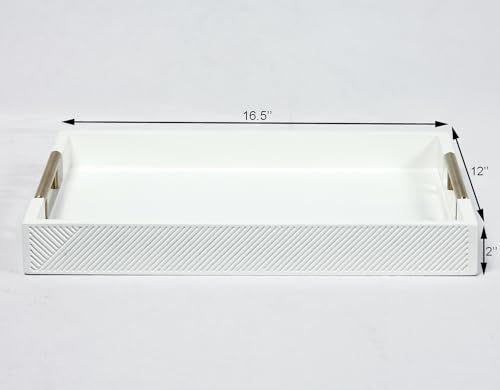 Serving Tray with Polished Metal Handles, 16.5''x12'' Rectangle Coffee Table Tray, Modern Decorative Tray, Large Ottoman Tray, Perfect for Storage and Display (White) - color: White
