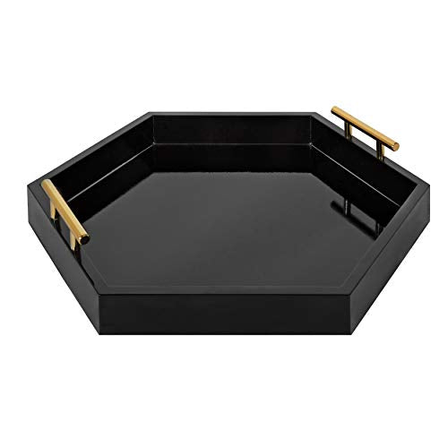 Kate and Laurel Lipton Modern Hexagon Decorative Tray, 18" x 18", Black with Gold Metal Handles - color: Black/Gold, size: 18" x 18" x 3.3"
