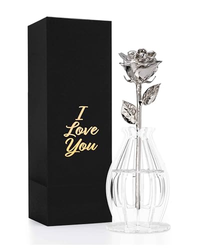 Forever Rose Bloom Box & Phantom Vase Combo, Platinum Dipped Rose in a Personalized Gift Box That Says I Love You Embossed in Gold Foil, Unique & Everlasting Gift for Any Occasion - color: "I Love You" Platinum Dipped Rose (Phantom Vase & Bloom Box)