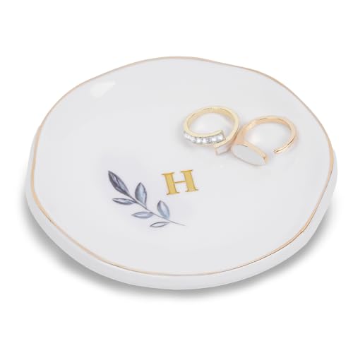 Personalized Ceramic Ring Dish, Initial Jewelry Tray for Rings, Earrings, Necklaces & Bracelets, Gift for Engagements, Birthdays, Holidays, Mom, Sister, Bridesmaid, Bride-to-Be, 4" Ring Plate - color: H