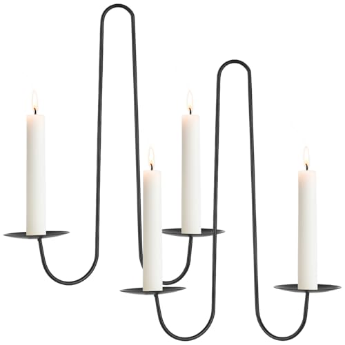 2 Pcs Wall Candle Sconce Holders, Double Armed Wall Hanging Candle Holders, Minimalist Black Iron Sconces for Fireplace, Living Room, Hallway