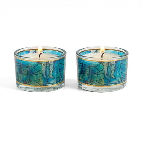 SURI Chagall Style Shabbat Candle Holders Set of 2 – Glass Shabbos Sabbath Tea Light Holders, Jewish Home Décor - color: Blue (Chagall), size: Short