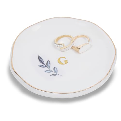 Personalized Ceramic Ring Dish, Initial Jewelry Tray for Rings, Earrings, Necklaces & Bracelets, Gift for Engagements, Birthdays, Holidays, Mom, Sister, Bridesmaid, Bride-to-Be, 4" Ring Plate - color: G