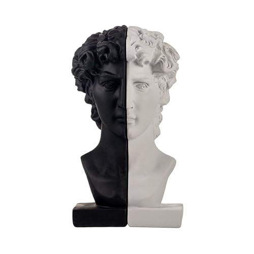 Lukitas David Head Decorative Bookends, Heavy Duty Half-and-Half Book Ends Non-Slip, Classical Artistic Sculpture for Office Home Bookshelf Decor, Black & White, Resin 9.5'' - color: David Head