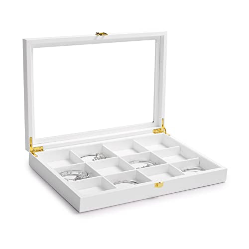 Oirlv White 12 Gird Jewelry Organizer Tray with Acrylic Lid Premium Leather Jewelry Box with Transparent Lid Bracelet Bangle Watch Display Case - color: White, size: 12 Grid