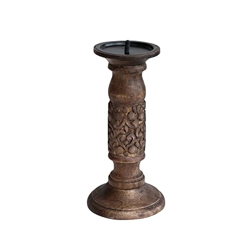 Bloomingville Carved Wood Candle Holder, Natural