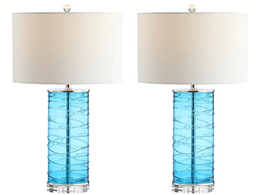 JONATHAN Y 27.5" Turquoise Modern Fused Glass Table Lamp Set of 2 for Bedroom Living Room, Coastal Nightstand Bedside Lamp with White Linen Shade, LED Bulbs Included JYL4016A-SET2 - color: Turquoise