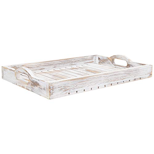 MyGift Shabby Chic Whitewashed Wood Breakfast Serving Tray with Cutout Handles with Slatted Design, Breakfast Ottoman Coffee Table Tray, 16 x 11 Inches