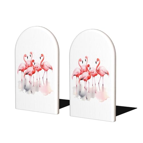 Flamingos Watercolor Painting L-Shaped Book Ends 1 Pair Wood Bookends Book End Supports for Heavy Book Shelf Holder Home Decorative - color: Flamingos Watercolor Painting