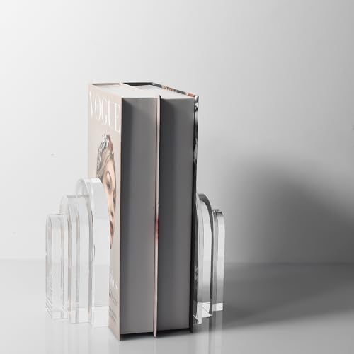 Kitcom Decorative Bookends for Books, Set of 2, Heavy Duty Book Holders Stopper for Shelves, Bookshelf, Bookcase, Office Desk, Home Decor, Aesthetic Layered Arch Design, Clear