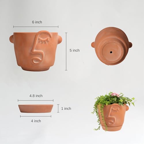 HERDUK 6 Inch Terracotta Abstract Face Planter with Drainage & Saucer – Artistic Ceramic Flower Pot for Indoor Plants, Boho Home Decor, Unique Gift for Plant & Art Lovers - size: 6 Inch