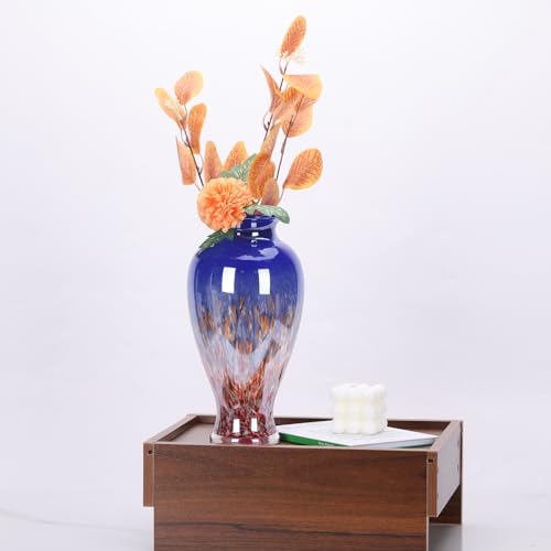 11.8" Tall Blue Glass Vase Beautiful Hand Blown Glass Vase Modern Art Home Decor, Wide Mouth Colorful Vases for Mantle Dining Table Centerpiece, Entryway Living Room Wedding Decoration - color: Blue