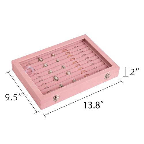 Frebeauty Rings/Earrings Organizer Tray with Clear Lid 10 Slots Velvet Drawer Insert Jewelry Storage box Transparent Glass lid Jewelry Display Case Showcase Gift for Girls Women (Pink, 10 Slots) - color: Pink, size: 10 Slots