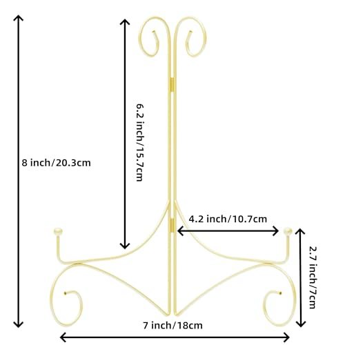 Plate Display Stands with Hinged Folding Design, 8 Inch Picture Frame Stand for Tables, Decorative Easels for Plates, Photos, Cards and Books, 8’’ Gold