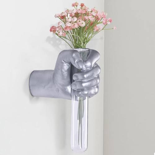 Silvery Wall Sculptures, Hand Vases Home Decor, Wall Mount Art Sculpture, Unique Wall Art Statue, Funky Flower Vase Decorations, Modern Eclectic Hanging Decor,Glass Test Tube Vase (Silvery) - color: Silvery