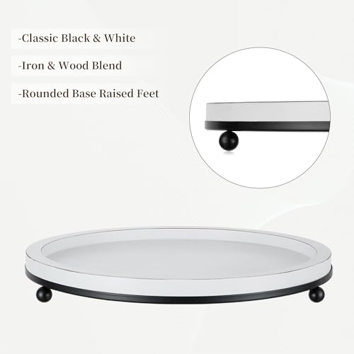 Hanobe Decorative Tray for Home Decor: Round Ottoman Trays for Living Room Coffee Table 12" White Wooden Centerpiece with Metal Footed for Entryway Kitchen Counter