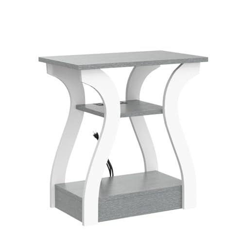 FROMJBEST End Tables Living Room, Grey End Table with Charging Station, Grey Side Table, Nightstand for Bedroom, 3 Tier End Table with Storage Shelf for Living Room - color: Grey