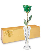 Forever Rose Hand-Dipped in 24K Gold, Emerald-Inspired May Birthstone with Sparkles, Real Rose in Luxury Gold Gift Box & Clear Glass Bud Vase – Perfect Ready to Gift for May Birthday or Any Occasion - color: May Emerald