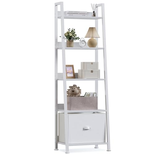 Furologee 5-Tier White Ladder Shelf, Ladder Bookshelf with Removable Drawer, Mordern Bookcase Storage Rack Organizer, Wood Metal Freestanding Storage Shelves for Living Room, Home Office, Bedroom - color: White, size: 5-Tier, 15" W