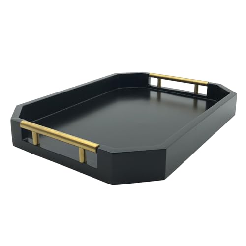 Serving Tray with Polished Metal Handles, Hexagon Coffee Table Tray, Modern Rectangle Decorative Tray, Large Ottoman Tray, Perfect for Storage and Display (Black Rectangle) - color: Black Rectangle
