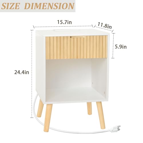 Fultyle Night Stand with Charger Station, Modern Wood Nightstand with Drawer and Outlet, Fluted Bedside Table End Table with Solid Wood Legs for Bedroom, Living Room, Office (White Oak) - color: White Oak With Charging Station