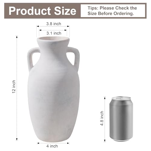 Ceramic Flower Vase with Handles, Neutral Tall Clay Decorative Terracotta Vases Farmhouse Table Vases Living Room Decor Rustic Pottery Pots for Home Shelf Coffee Dining Desk (A-12 h-Antique Beige) - color: A-12"h-antique Beige