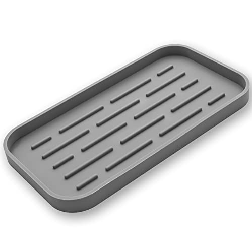 MicoYang Silicone Kitchen Sink Organizer Tray for Multiple Usage,Eco-Friendly Sponges Holder for Kitchen Bathroom Counter or Sink,Dish Soap Dispenser,Scrubber,Bottle,Cup (Grey, 10"×5.3") - color: Gray, size: 10" x 5.3" x 0.7"
