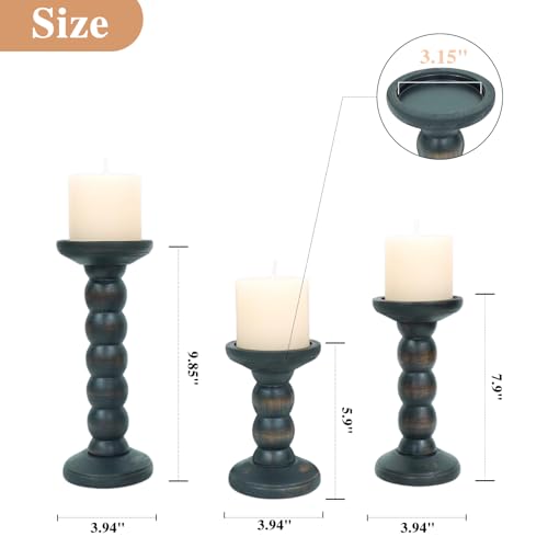 Solid Wood Candle Holder, 3Pcs Rustic Black Candle Holders for Pillar Candles, Decorative Candle Holders Distressed Wooden Farmhouse Candle Holder Large for Fireplace Table - color: Washed Black