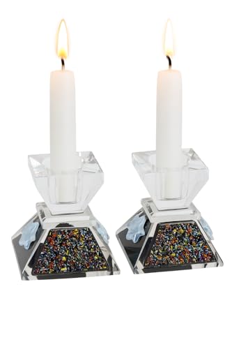 Tamara Baskin Art Glass – Handmade Crystal Shabbat Candle Holders Set - Sparkling Sky Blue (Glitzy Black) - color: Glitzy Black