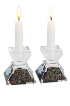 Tamara Baskin Art Glass – Handmade Crystal Shabbat Candle Holders Set - Sparkling Sky Blue (Glitzy Black) - color: Glitzy Black