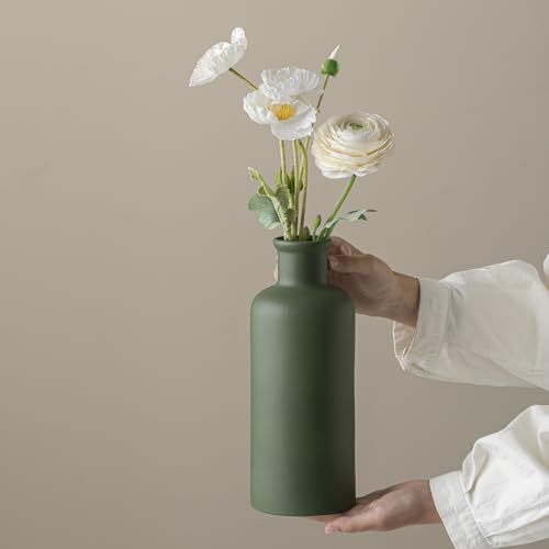 Green Ceramic Vase for Flowers, Modern Decorative, 10 Inch Tall, 4 Inch Width, Farmhouse Style Home Decor for Pampas Grass, Living Room, Dining Table, Office Decor, Kitchen Shelf (Mattte Green) - color: Mattte Green