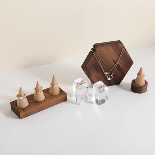 GemeShou Wooden ring organizer holder for jewelry, Stable ring display stand for boutique store, walnut base with white ring cones for jewelry selling【Ring holder-Cone 3】 - style: Three Cone