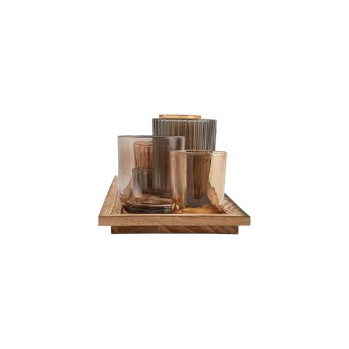 Wood Tray with 9 Brown Glass Votive Holders (Set of 10 Pieces) - color: Browns