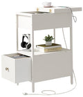SOOWERY End Table with Charging Station, Narrow Side Table with Flip Top Cabinet and Fabric Drawer, Nightstand Bedside Tables for Small Spaces, Bedroom, Living Room, White - color: White