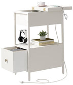 SOOWERY End Table with Charging Station, Narrow Side Table with Flip Top Cabinet and Fabric Drawer, Nightstand Bedside Tables for Small Spaces, Bedroom, Living Room, White - color: White