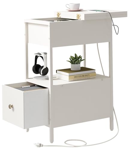 SOOWERY End Table with Charging Station, Narrow Side Table with Flip Top Cabinet and Fabric Drawer, Nightstand Bedside Tables for Small Spaces, Bedroom, Living Room, White - color: White