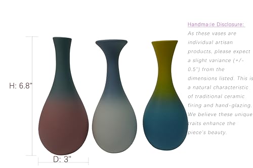 Handmade Ceramic Bud Vases Set of 3, Gradient Ombre Colors, Matte Frosted Finish, Teardrop Shape with Narrow Necks, Modern Minimalist Decor