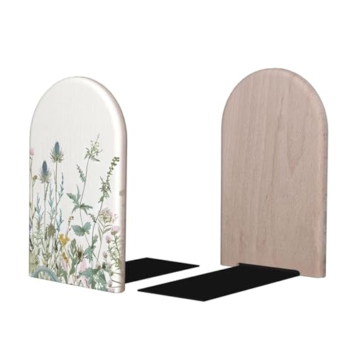 Decorative Bookends 2 Pcs Wildflowers Leaves Wood Bookends for Shelves Heavy Books Kids Non-Skid Book Ends Stoppers for Office Desk Kitchen School - color: Wildflowers Leaves