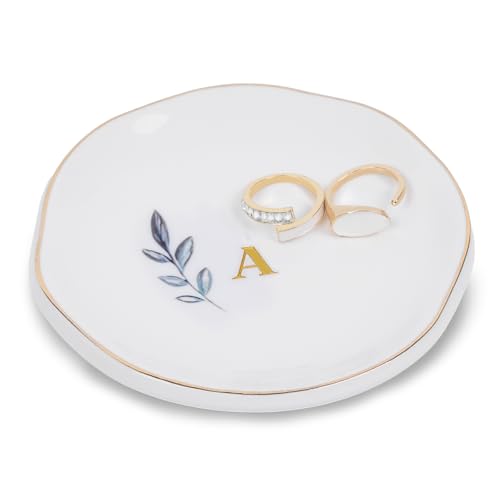 Personalized Ceramic Ring Dish, Initial Jewelry Tray for Rings, Earrings, Necklaces & Bracelets, Gift for Engagements, Birthdays, Holidays, Mom, Sister, Bridesmaid, Bride-to-Be, 4" Ring Plate - color: A