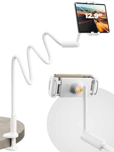 SAIJI Gooseneck Tablet Holder for Bed, One-Hand Adjustable, 47" Length, Upgraded Base, iPad Holder Stand Flexible Lazy Arm, Compatible with iPad/iPhone/Kindle/Switch or Other 4.7-13" Device (White) - color: Light White