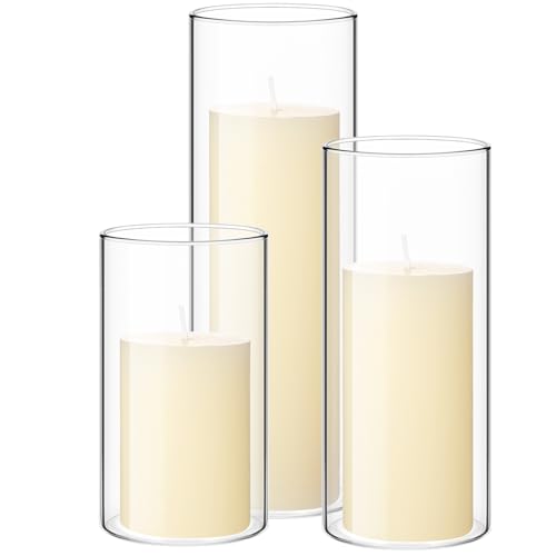 Shihanee Set of 3 Pillar Candles and 3 Glass Cylinder Candle Vases Holders Clear Pillar Jars for Wedding Centerpieces(2.6'' X 4.7'', 5.9'', 7.9'',Ivory White) - color: Ivory White, size: 2.6'' X 4.7'', 5.9'', 7.9''