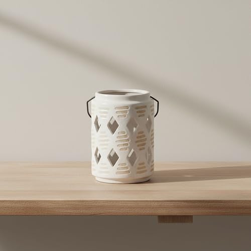 Ceramic Lantern Candle Holder with Diamond Cut Out Design - Casual Pillar Candlestick Holder for Indoor and Outdoor Decor - Stylish Centerpieces for Table or Entryway Accent - 6", Ivory & Tan