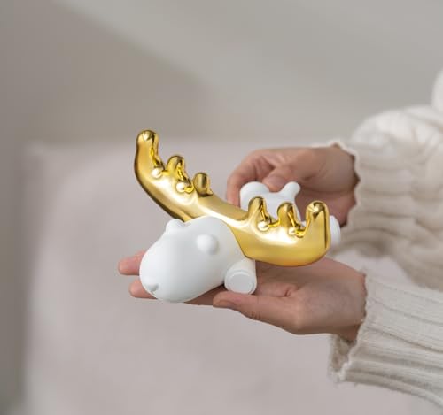 Modern White Reclining Stag Sculpture, Golden Antlers Resin Animal Figurine, 6.5 x 6.69 x 2.95 Inches, Minimalist Desktop Decor for Bookshelf, Living Room & Home Office (White B) - size: H2.95 in White B