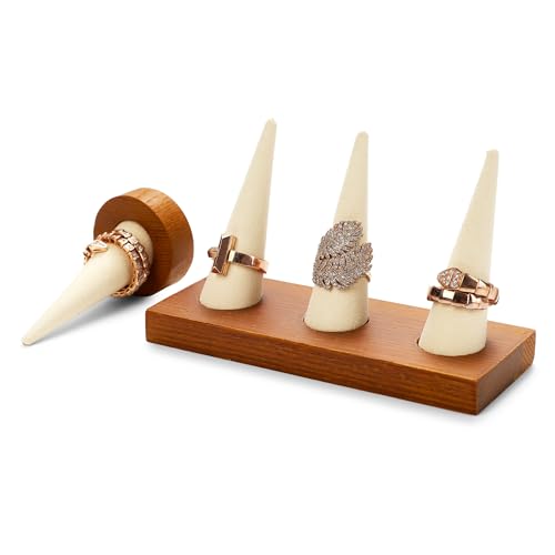 Oirlv Natural Solid Wood 3-Ring Jewelry Display Stand Creamy White Ring Organizer Holder - color: 3 Wood Creamy-white