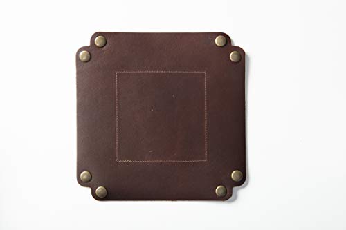 American Made Premium Leather Valet Tray, Folds Flat! Dice Rolling Basket and Organizer with Brass Rivets (Dark Walnut Brown, Medium) - color: Dark Walnut Brown, size: 5" x 5" x 2"