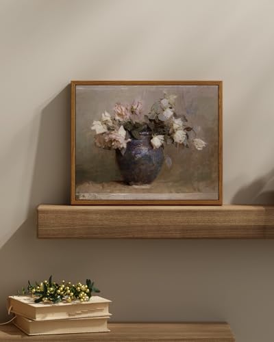 InSimSea Framed Canvas Wall Art Vintage Decor, Home Decor Flower in Pots Canvas Wall Painting Decor, Rustic Farmhouse Wall Decoration, Canvas Prints for Living Room Bedroom Office, 9"x11" - color: Roses in Vase, size: 11"L x 9"W