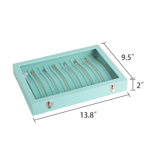 Frebeauty 15 Hooks Necklace Tray Velvet Neckalce Organizer with Clear Lid Lockable Necklace Holder Box Jewelry Organizer for Pendants Chains Necklace Jeweley Tray for Women Girls(Turquoise) - color: Turquoise