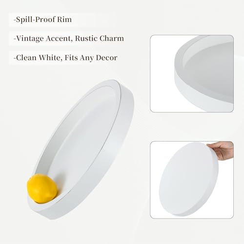 Hanobe Decorative Tray for Coffee Table: Wood Candle Holders Plate Round Rustic Trays for Ottoman Centerpiece Home Decor Living Room Kitchen Corner Organizer White